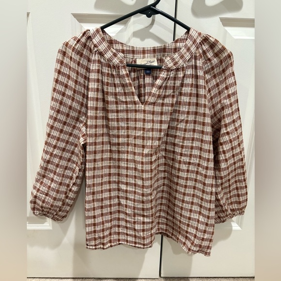 Universal Thread Tops - Brown and White Plaid Peasant Blouse with 3/4 Sleeves